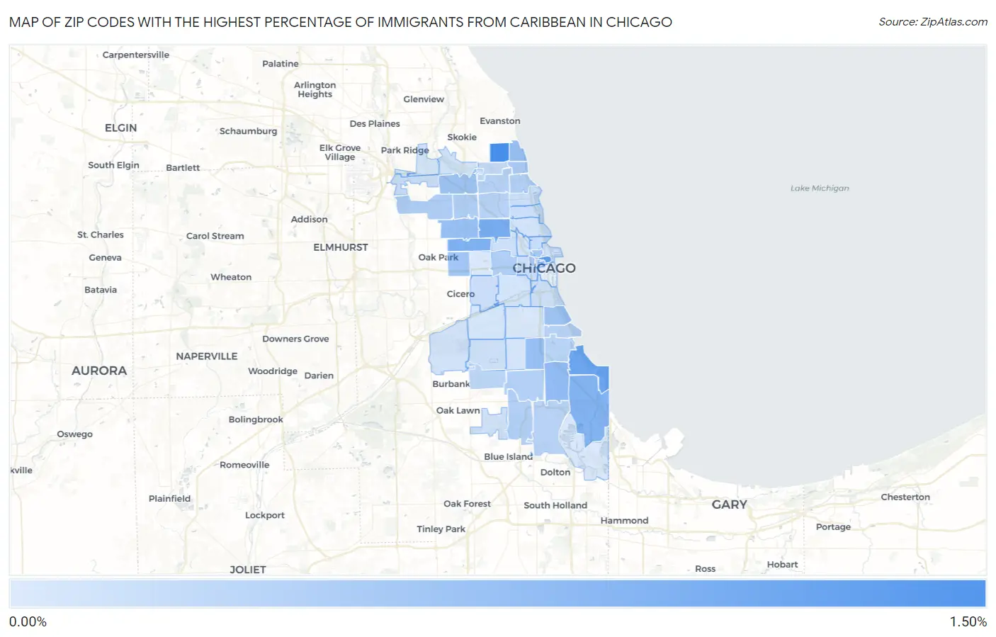 Zip Codes with the Highest Percentage of Immigrants from Caribbean in Chicago Map