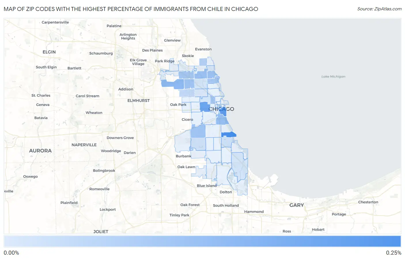 Zip Codes with the Highest Percentage of Immigrants from Chile in Chicago Map