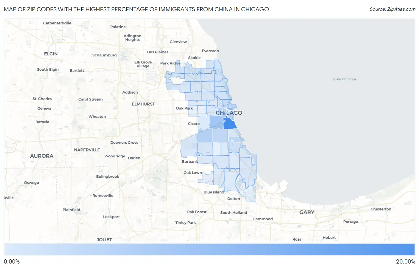 Zip Codes with the Highest Percentage of Immigrants from China in Chicago Map