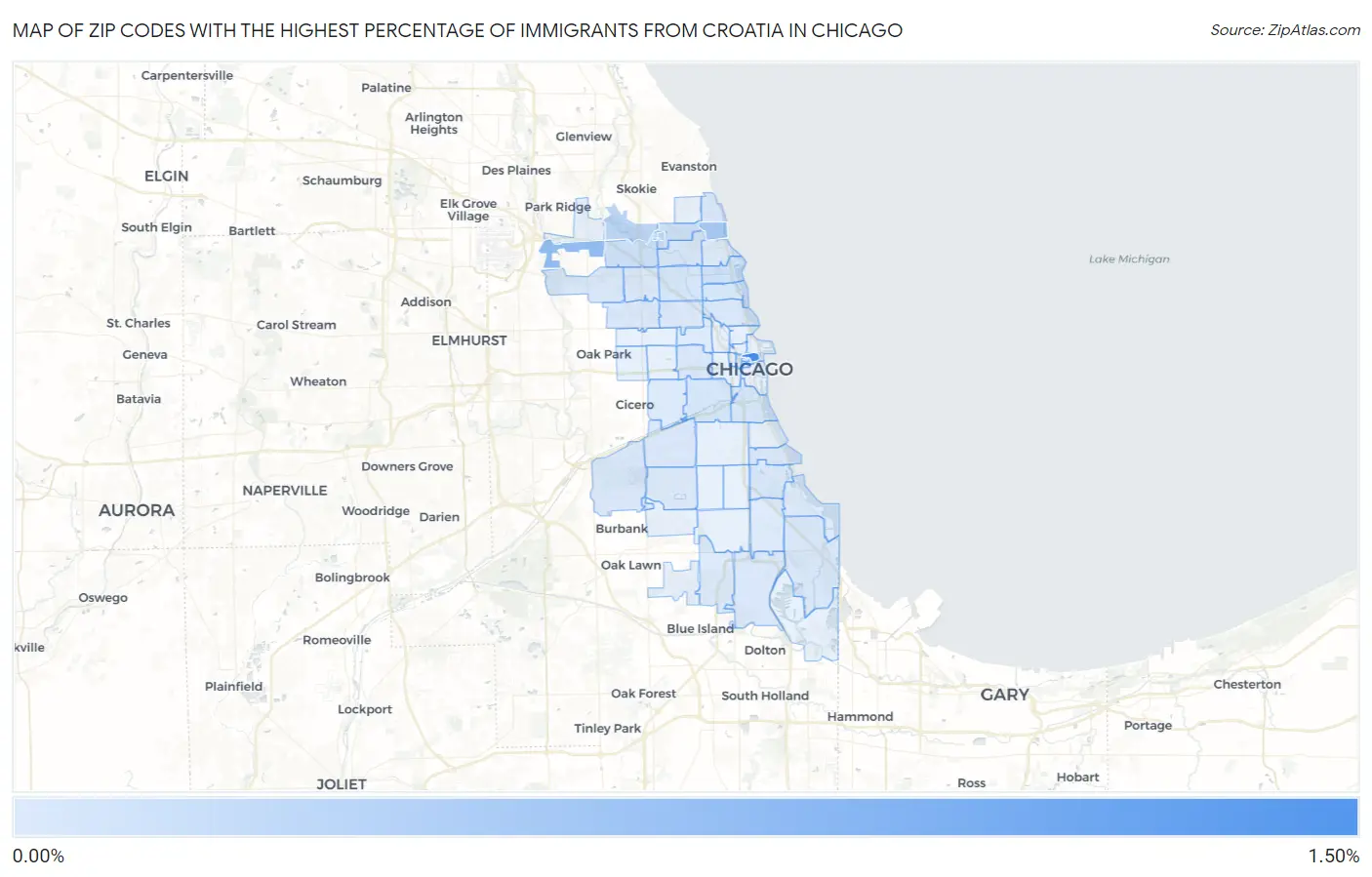 Zip Codes with the Highest Percentage of Immigrants from Croatia in Chicago Map