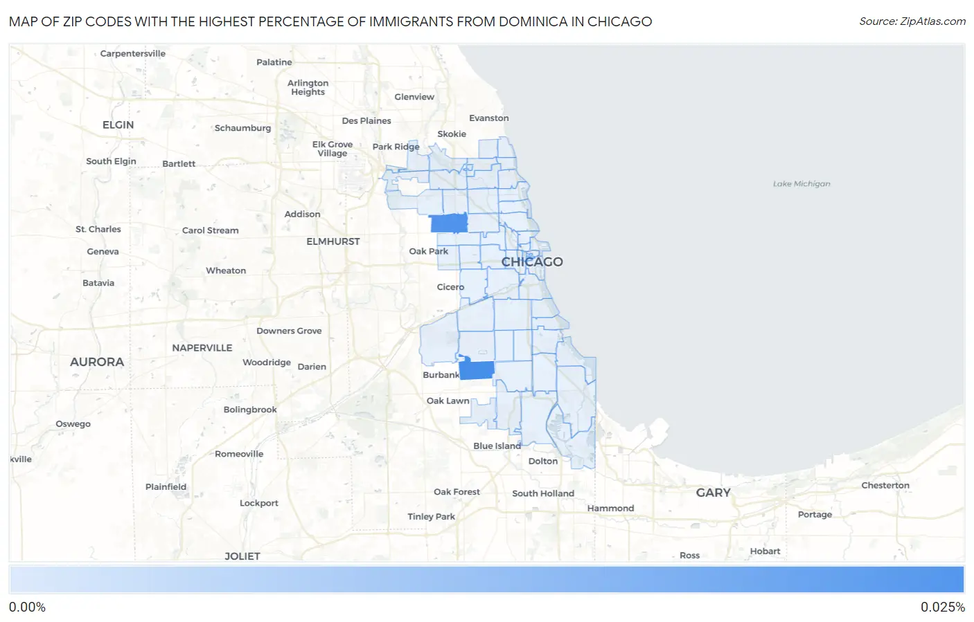 Zip Codes with the Highest Percentage of Immigrants from Dominica in Chicago Map