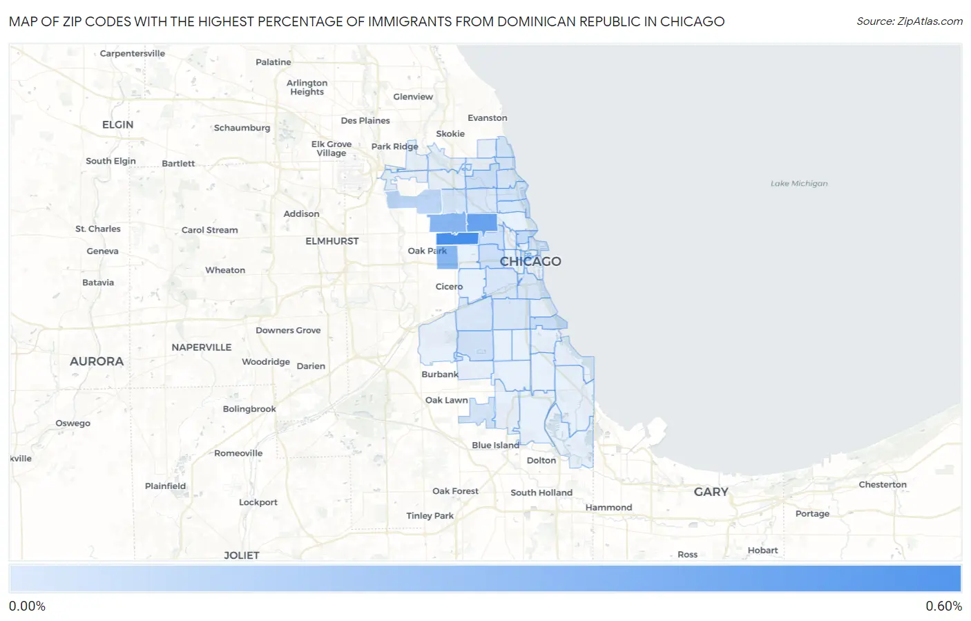 Zip Codes with the Highest Percentage of Immigrants from Dominican Republic in Chicago Map