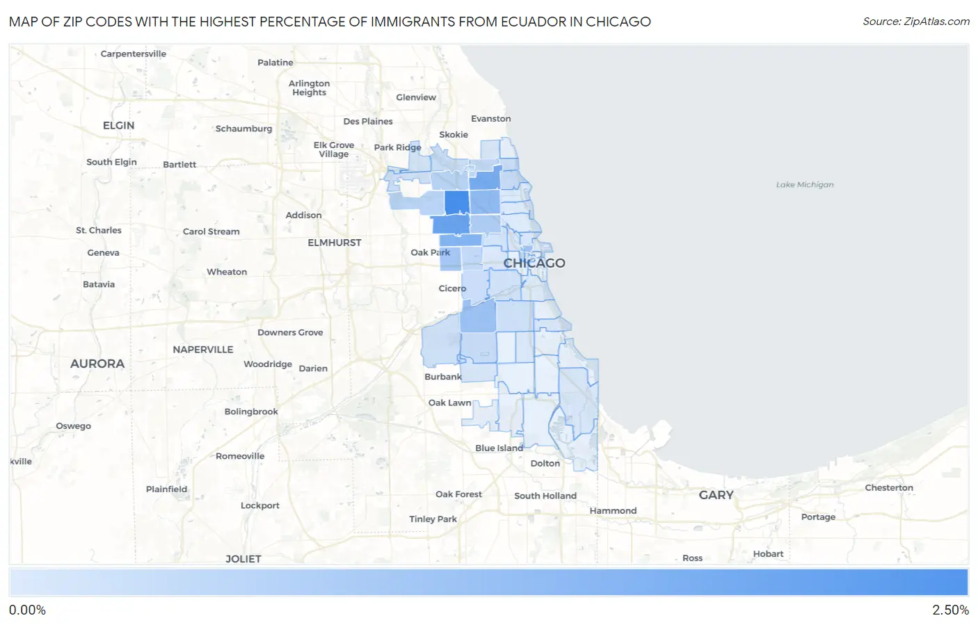 Zip Codes with the Highest Percentage of Immigrants from Ecuador in Chicago Map