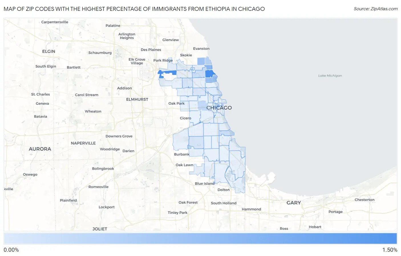 Zip Codes with the Highest Percentage of Immigrants from Ethiopia in Chicago Map
