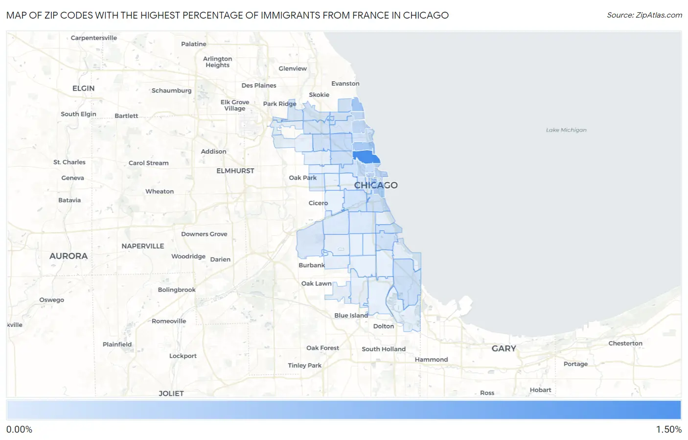 Zip Codes with the Highest Percentage of Immigrants from France in Chicago Map