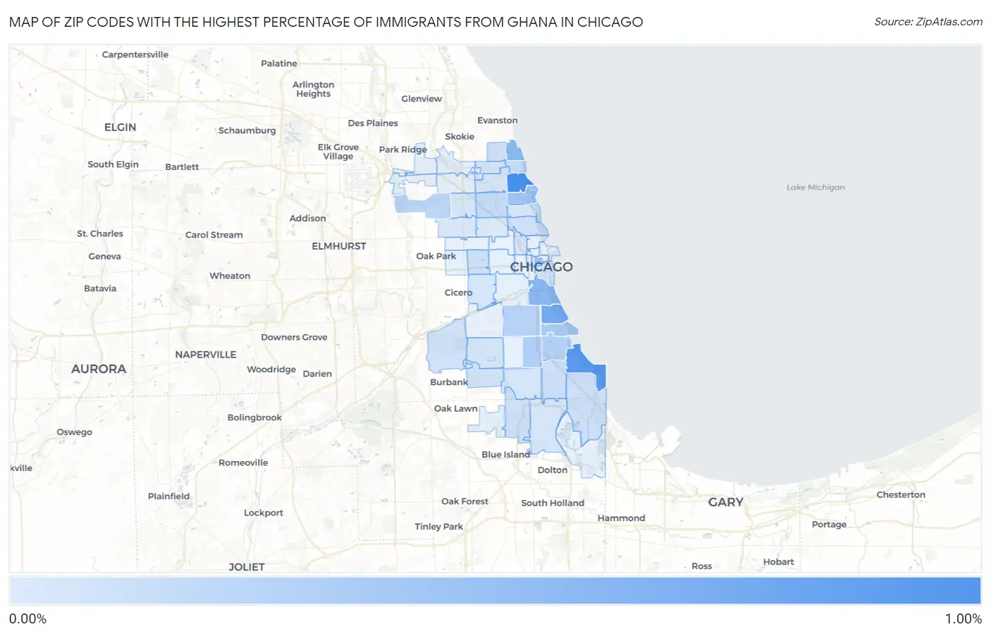 Zip Codes with the Highest Percentage of Immigrants from Ghana in Chicago Map