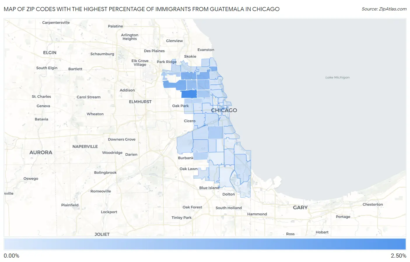 Zip Codes with the Highest Percentage of Immigrants from Guatemala in Chicago Map