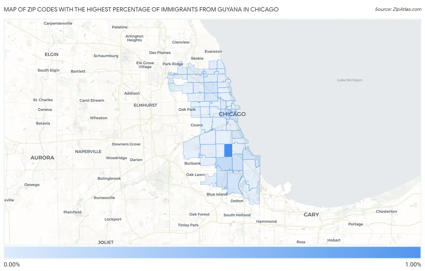 Zip Codes with the Highest Percentage of Immigrants from Guyana in Chicago Map