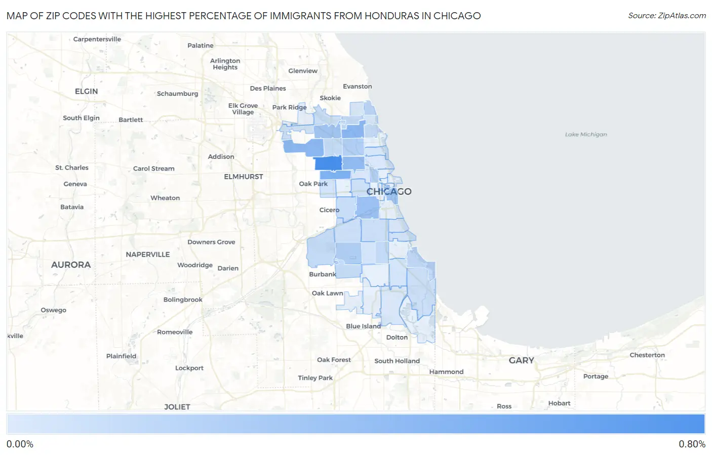 Zip Codes with the Highest Percentage of Immigrants from Honduras in Chicago Map