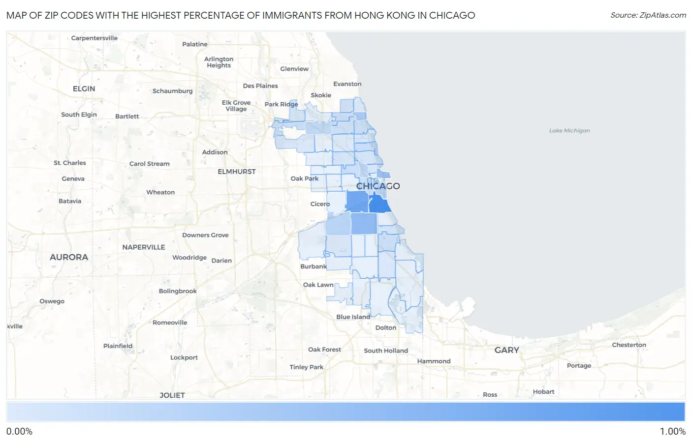 Zip Codes with the Highest Percentage of Immigrants from Hong Kong in Chicago Map