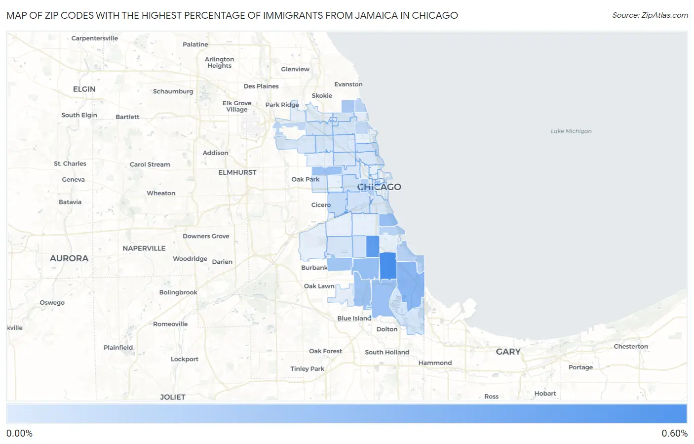 Zip Codes with the Highest Percentage of Immigrants from Jamaica in Chicago Map