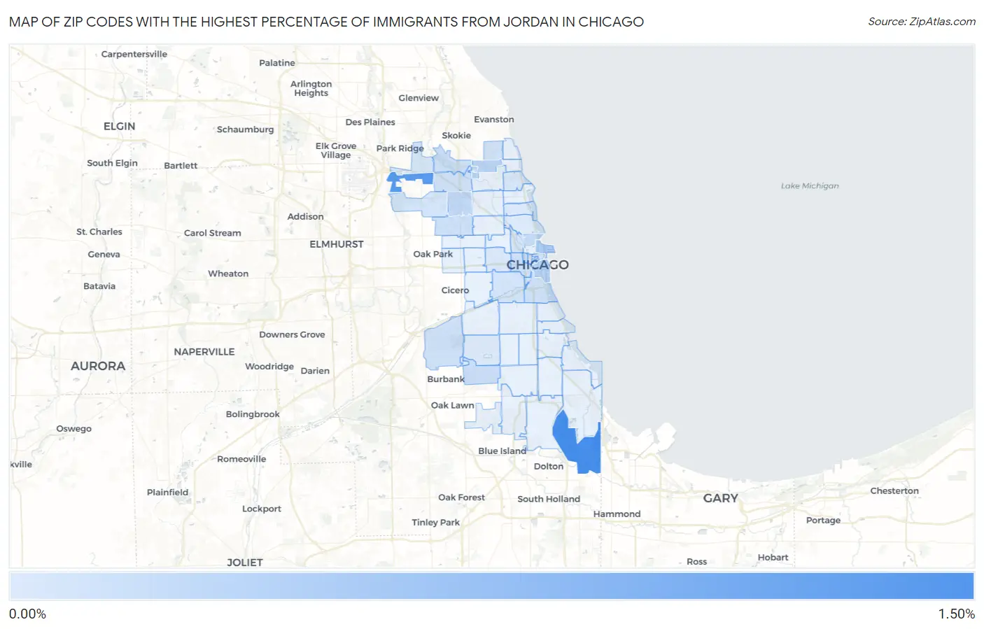 Zip Codes with the Highest Percentage of Immigrants from Jordan in Chicago Map