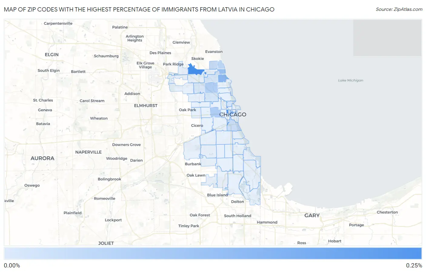 Zip Codes with the Highest Percentage of Immigrants from Latvia in Chicago Map
