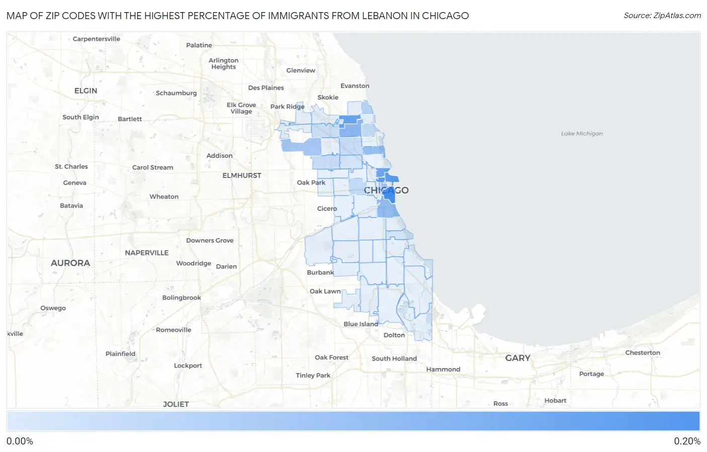 Zip Codes with the Highest Percentage of Immigrants from Lebanon in Chicago Map
