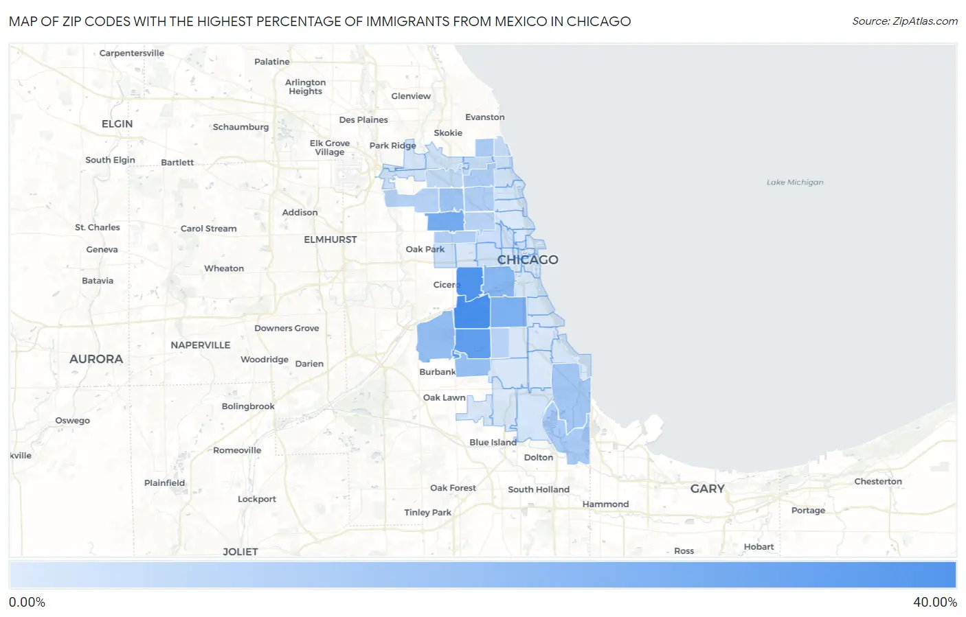 Zip Codes with the Highest Percentage of Immigrants from Mexico in Chicago Map