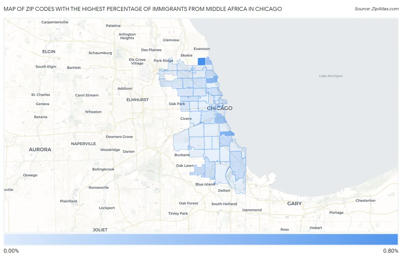 Zip Codes with the Highest Percentage of Immigrants from Middle Africa in Chicago Map