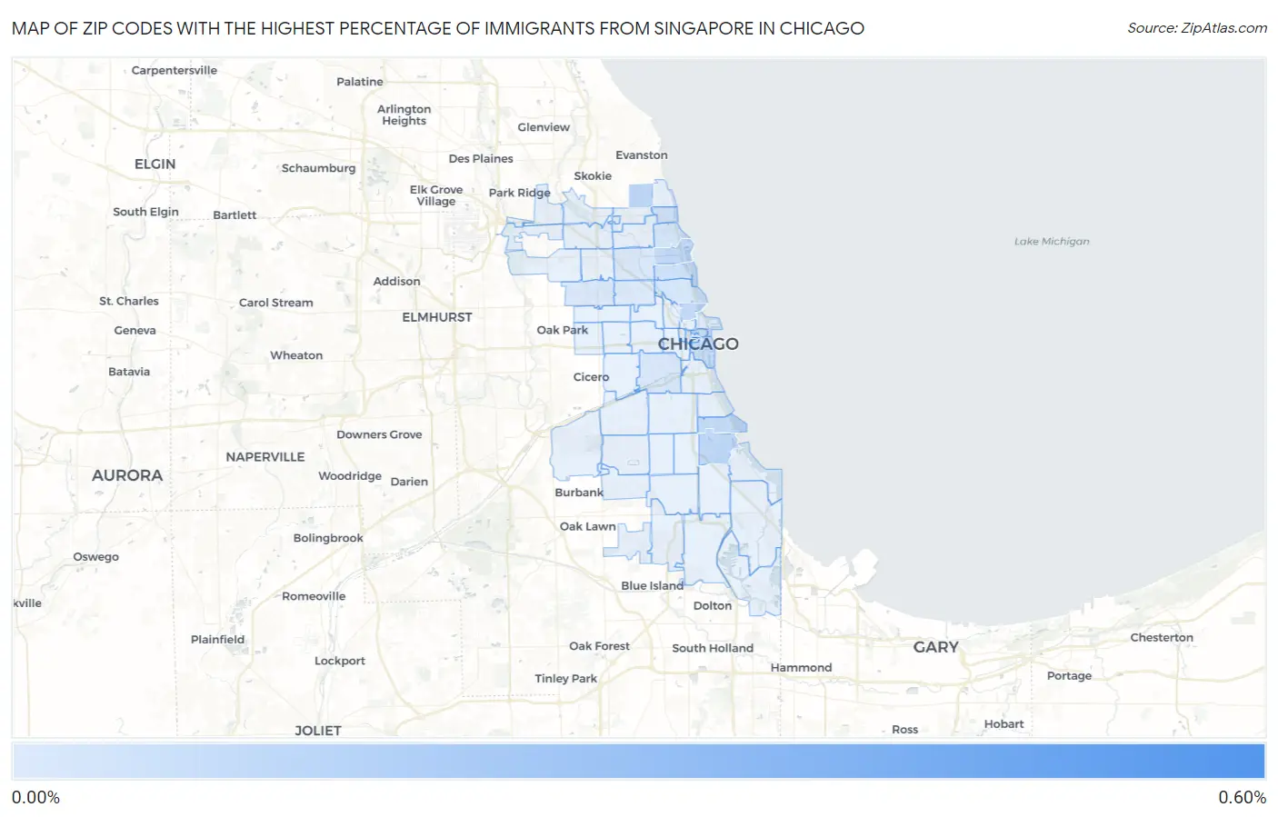 Zip Codes with the Highest Percentage of Immigrants from Singapore in Chicago Map