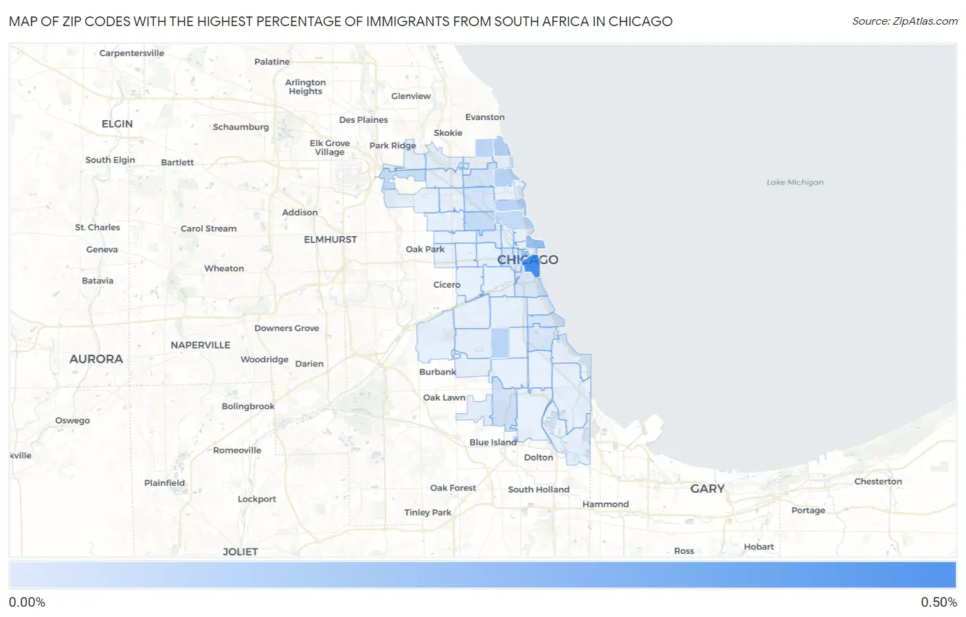 Zip Codes with the Highest Percentage of Immigrants from South Africa in Chicago Map