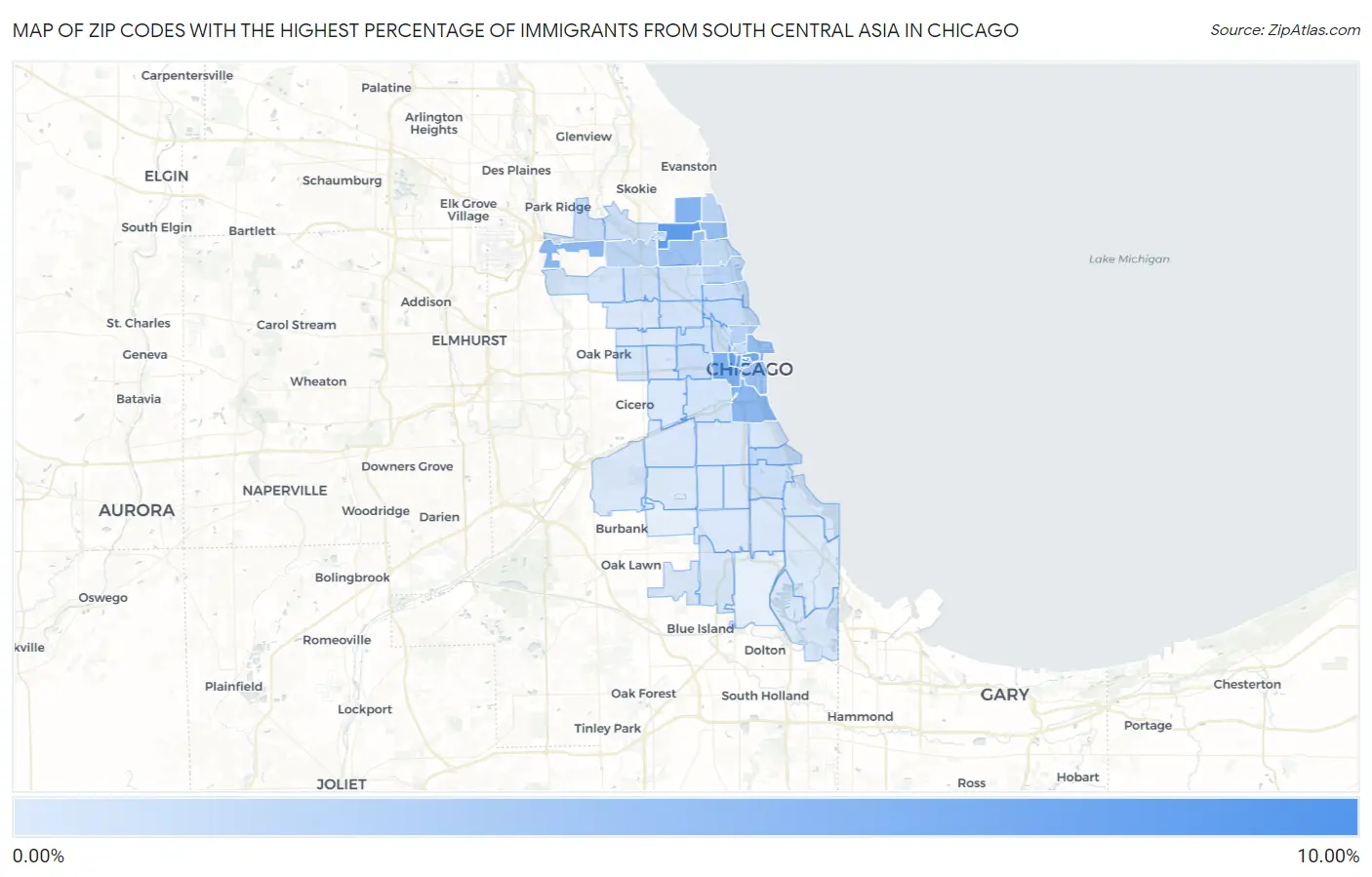 Zip Codes with the Highest Percentage of Immigrants from South Central Asia in Chicago Map