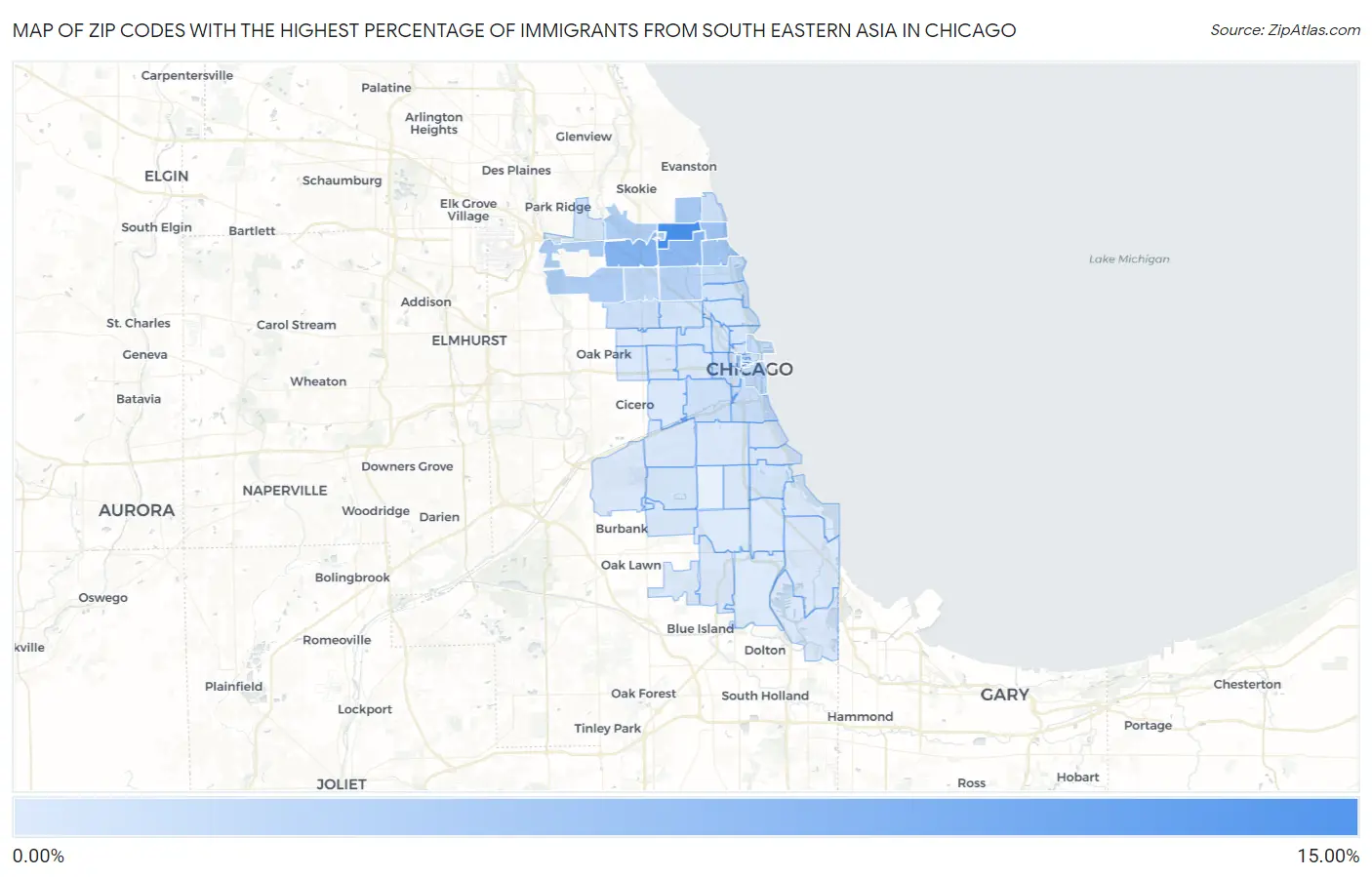 Zip Codes with the Highest Percentage of Immigrants from South Eastern Asia in Chicago Map