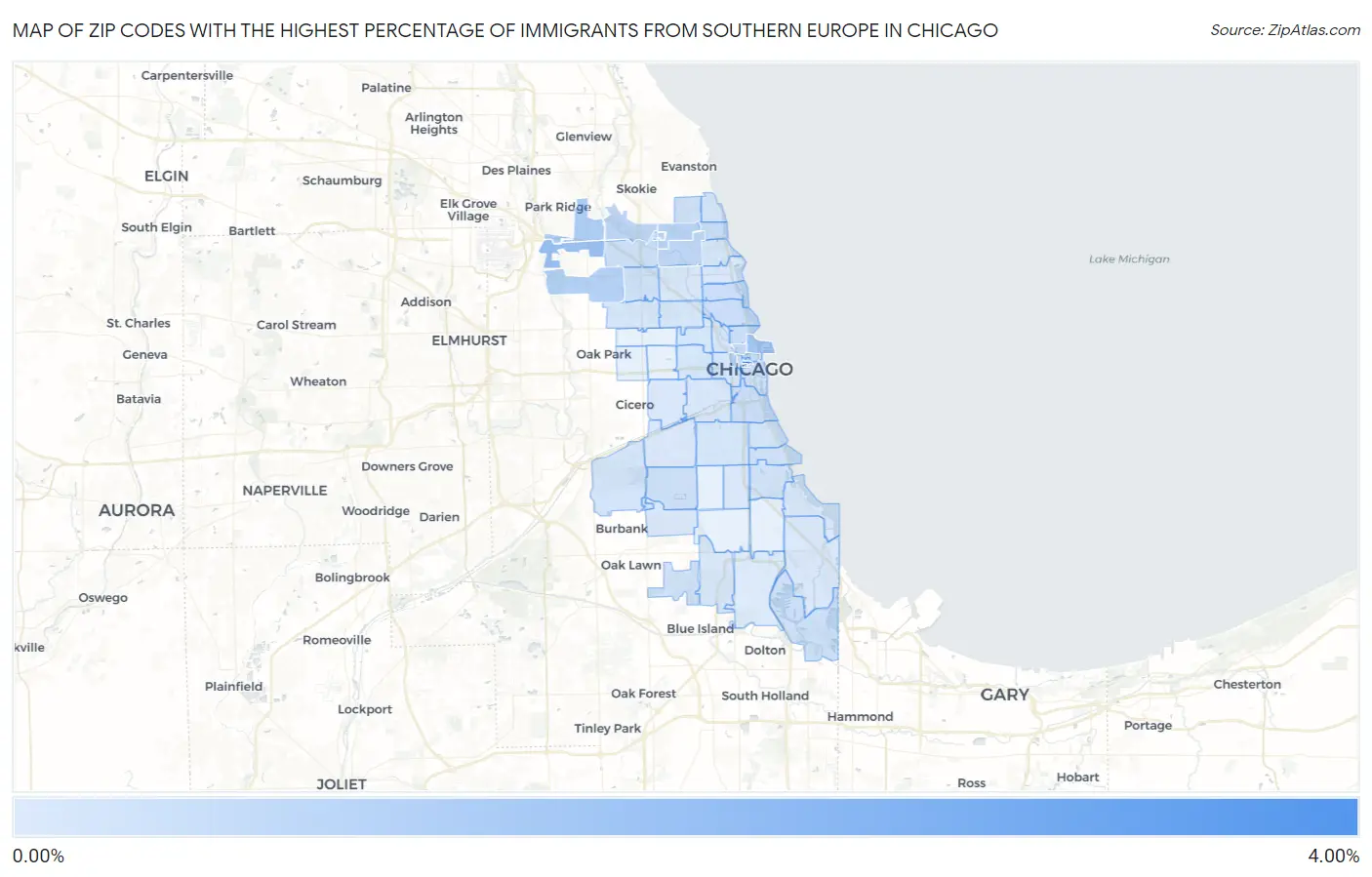 Zip Codes with the Highest Percentage of Immigrants from Southern Europe in Chicago Map