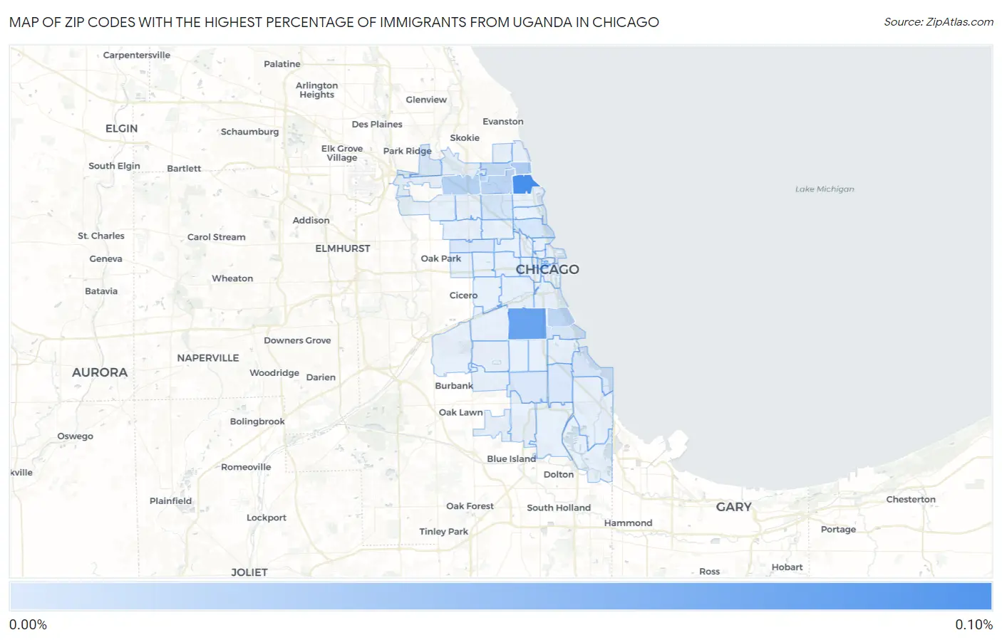 Zip Codes with the Highest Percentage of Immigrants from Uganda in Chicago Map