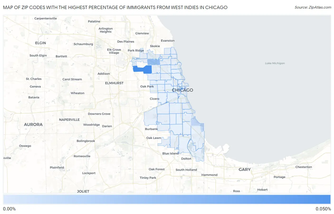 Zip Codes with the Highest Percentage of Immigrants from West Indies in Chicago Map