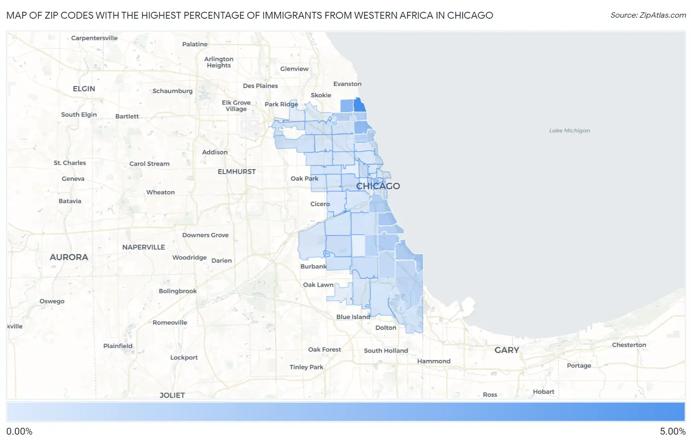 Zip Codes with the Highest Percentage of Immigrants from Western Africa in Chicago Map