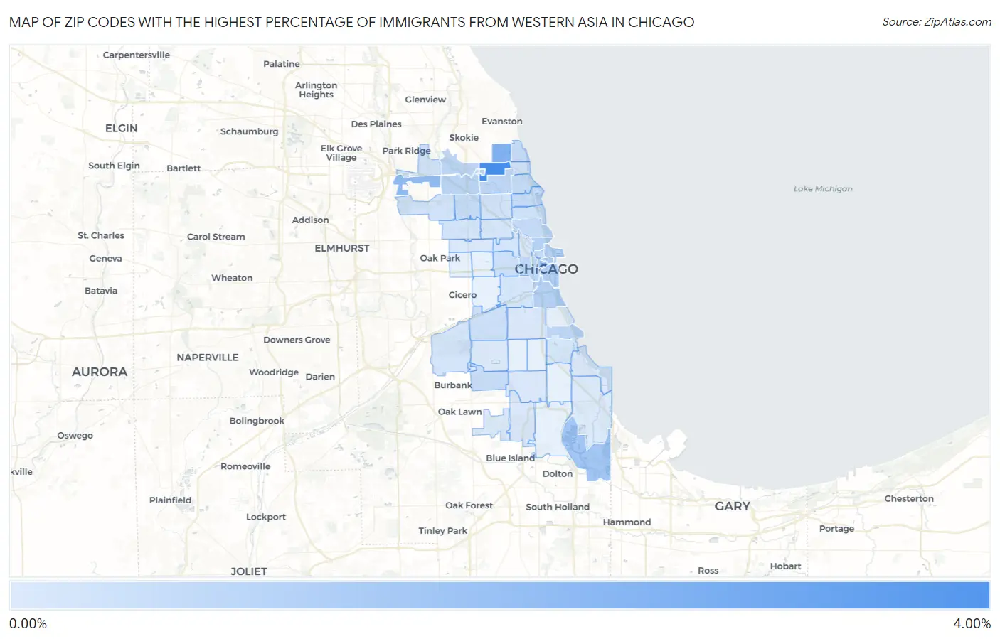 Zip Codes with the Highest Percentage of Immigrants from Western Asia in Chicago Map