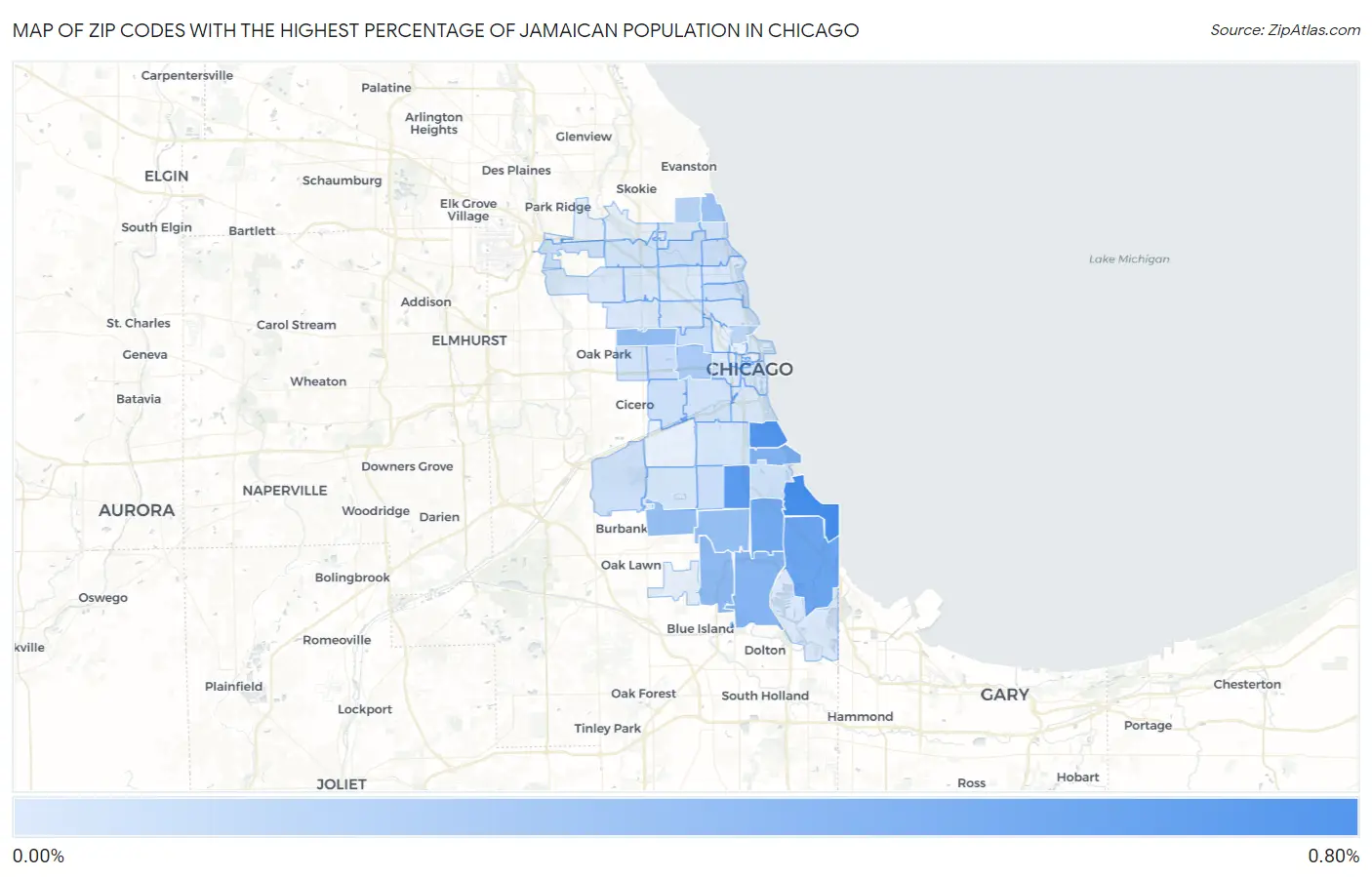 Zip Codes with the Highest Percentage of Jamaican Population in Chicago Map