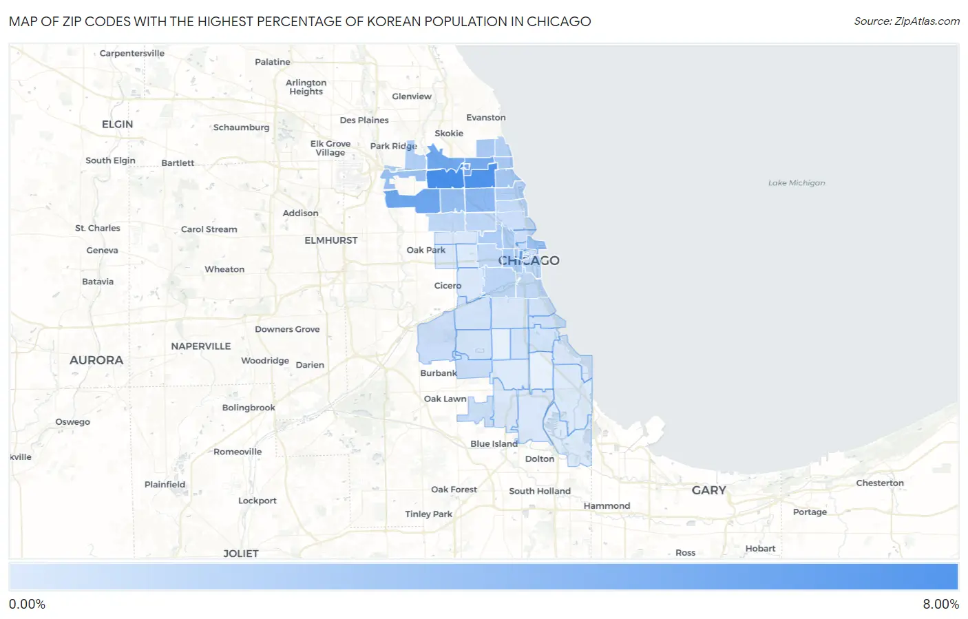 Zip Codes with the Highest Percentage of Korean Population in Chicago Map