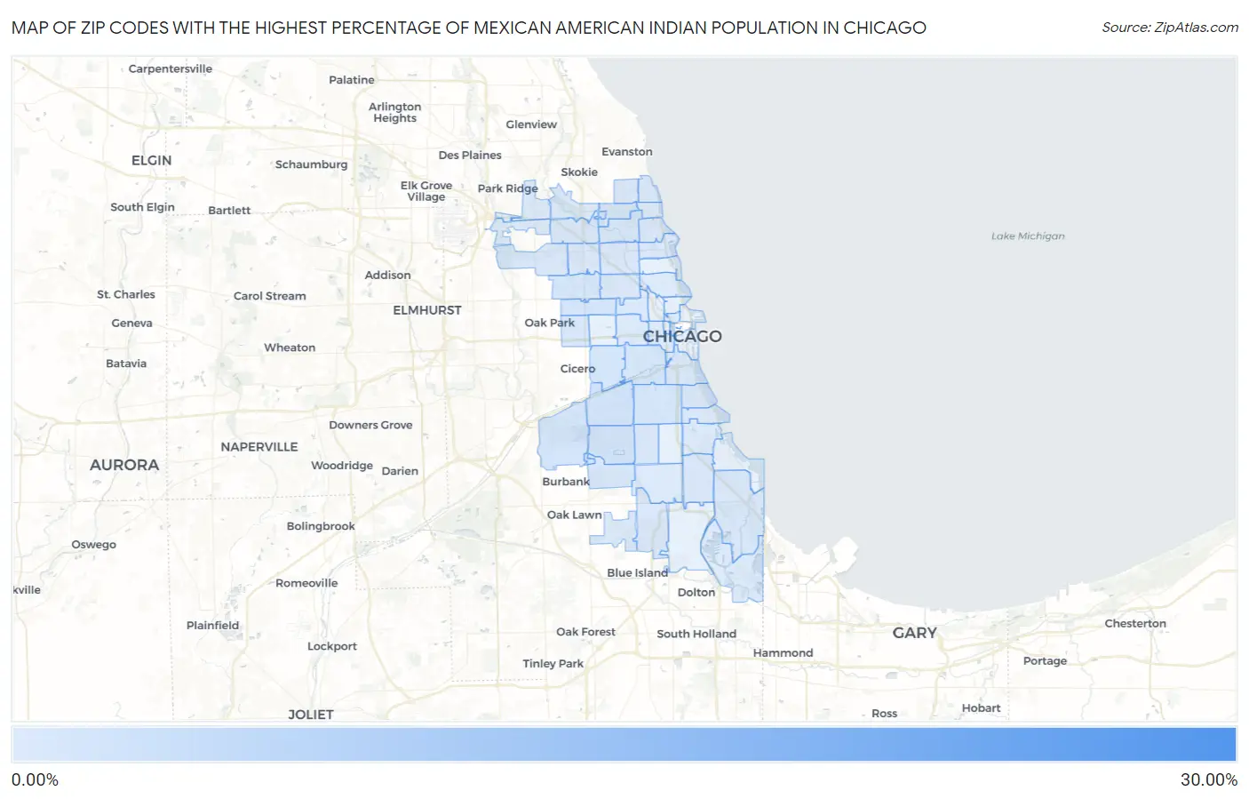 Zip Codes with the Highest Percentage of Mexican American Indian Population in Chicago Map