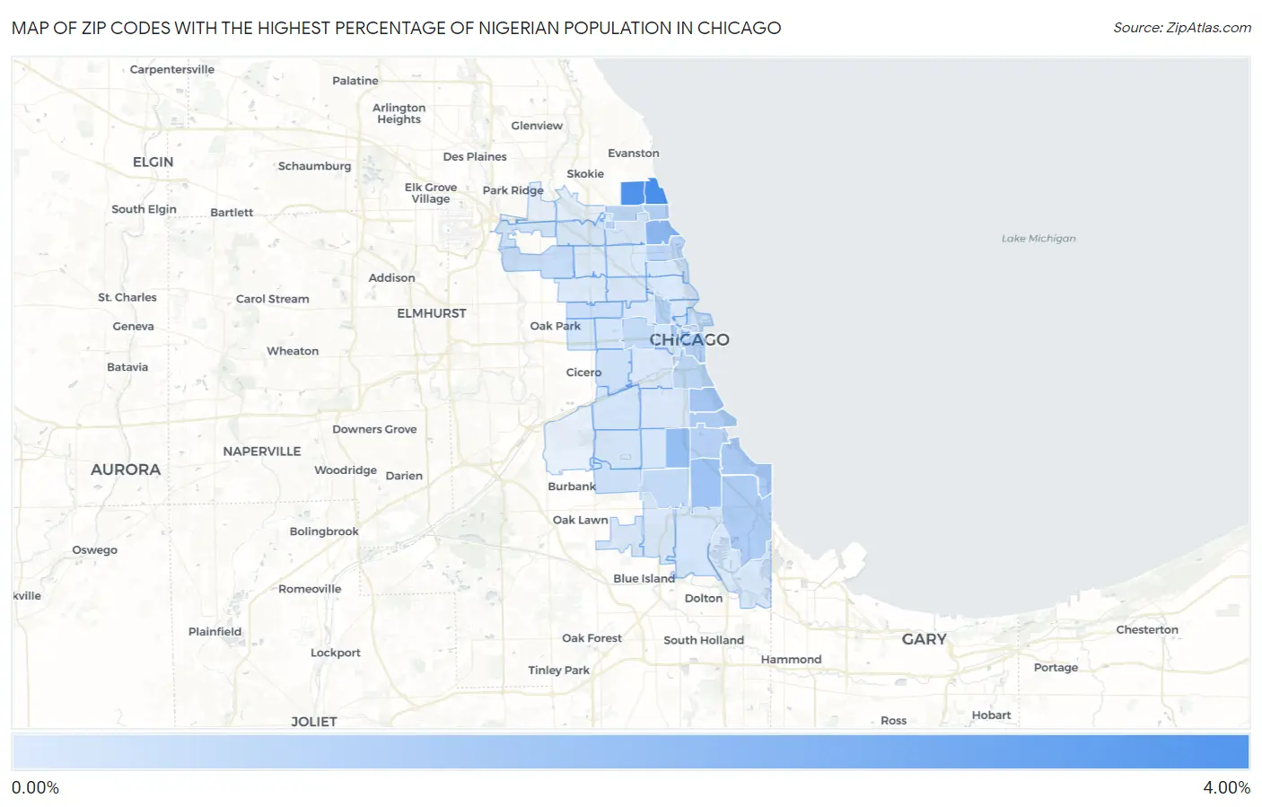 Zip Codes with the Highest Percentage of Nigerian Population in Chicago Map