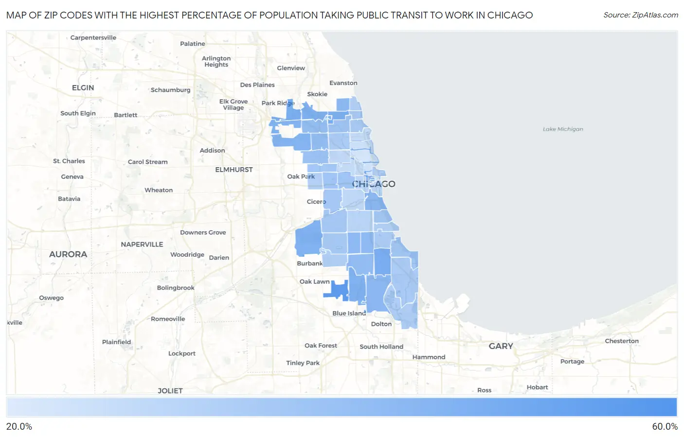 Zip Codes with the Highest Percentage of Population Taking Public Transit to Work in Chicago Map