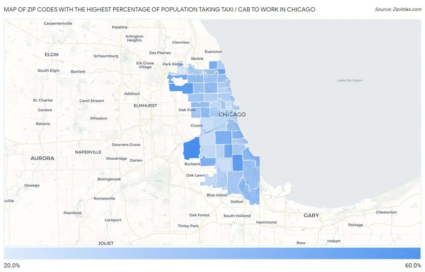 Zip Codes with the Highest Percentage of Population Taking Taxi / Cab to Work in Chicago Map