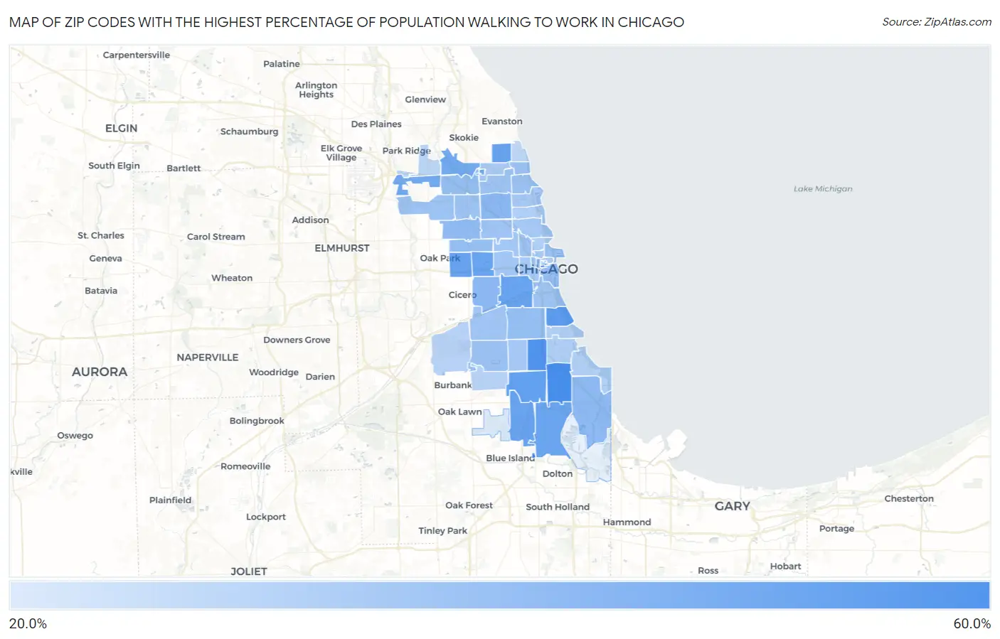 Zip Codes with the Highest Percentage of Population Walking to Work in Chicago Map