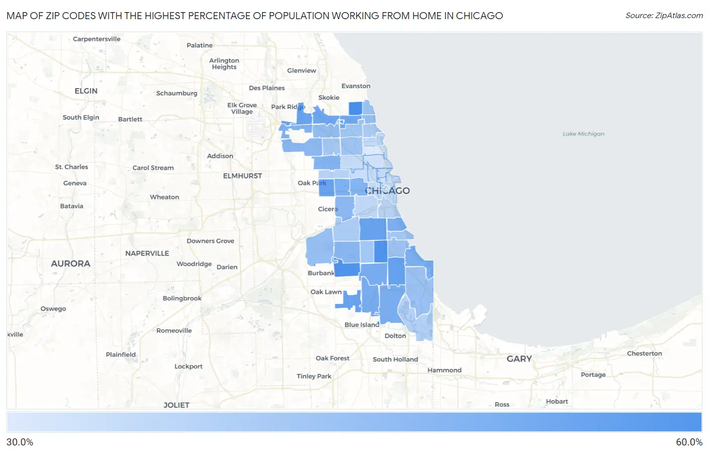 Zip Codes with the Highest Percentage of Population Working from Home in Chicago Map