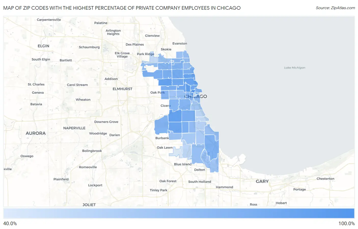 Zip Codes with the Highest Percentage of Private Company Employees in Chicago Map
