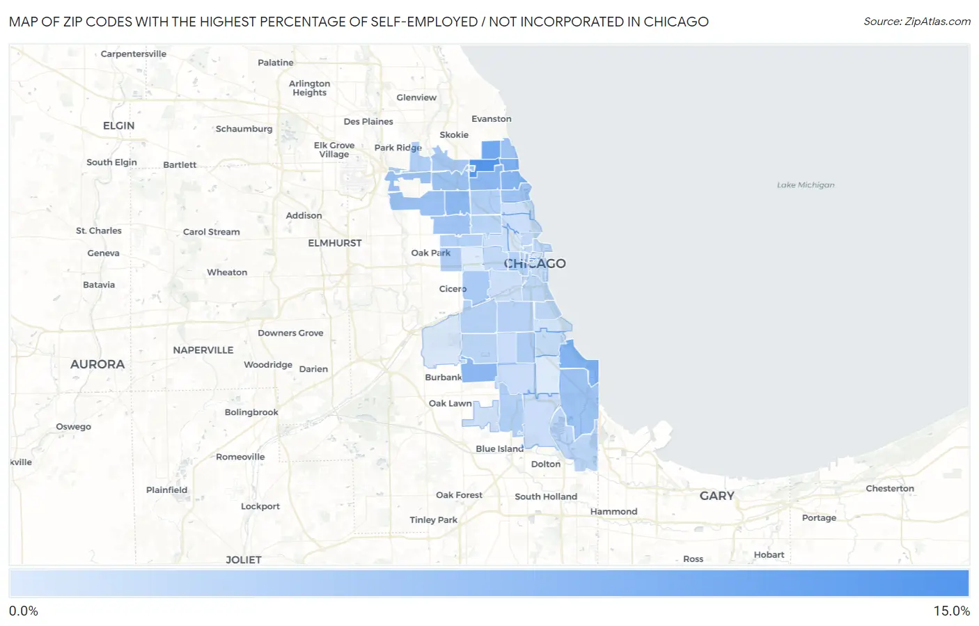 Zip Codes with the Highest Percentage of Self-Employed / Not Incorporated in Chicago Map