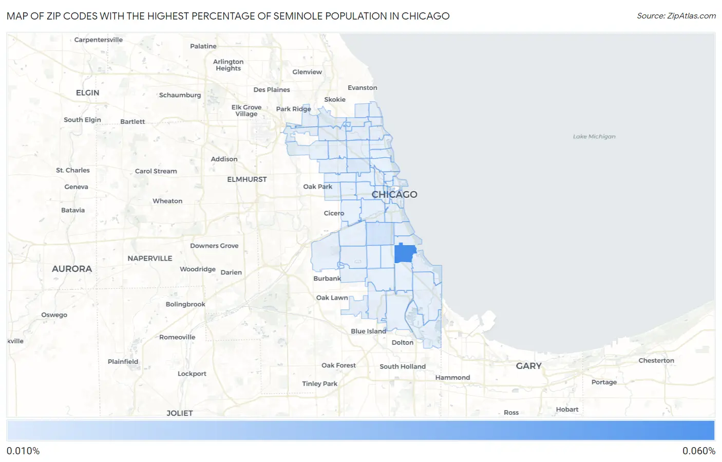 Zip Codes with the Highest Percentage of Seminole Population in Chicago Map