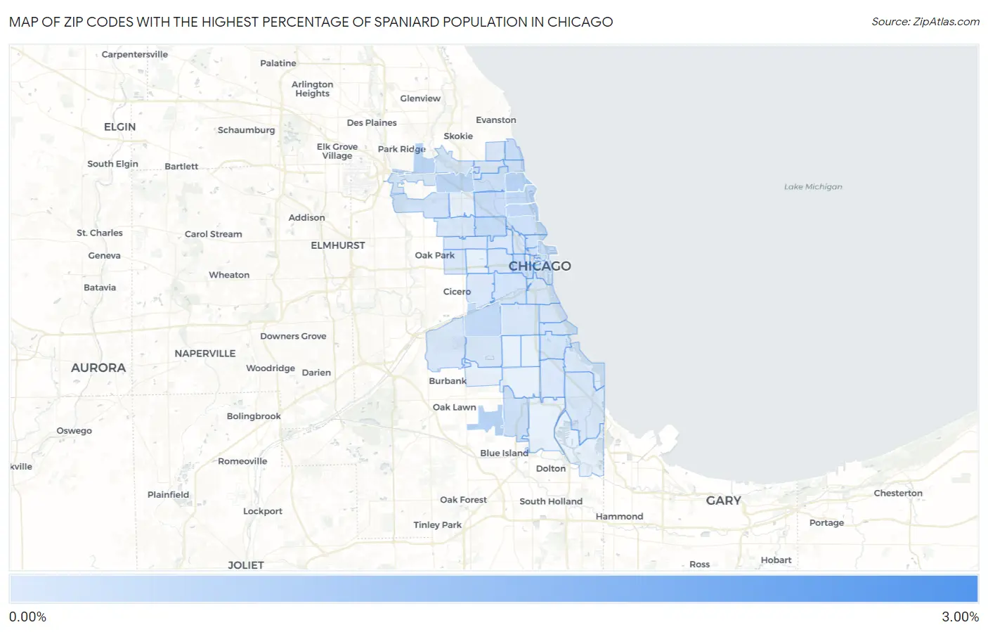 Zip Codes with the Highest Percentage of Spaniard Population in Chicago Map