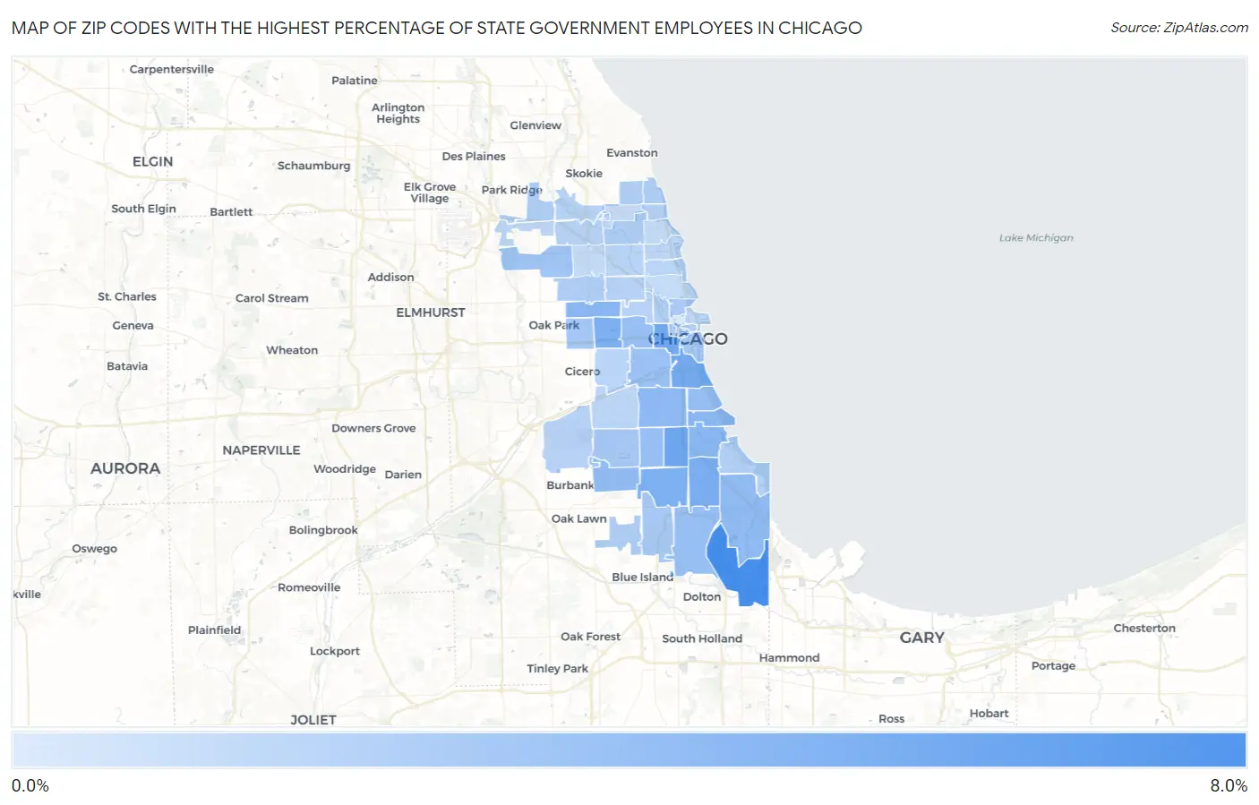 Zip Codes with the Highest Percentage of State Government Employees in Chicago Map