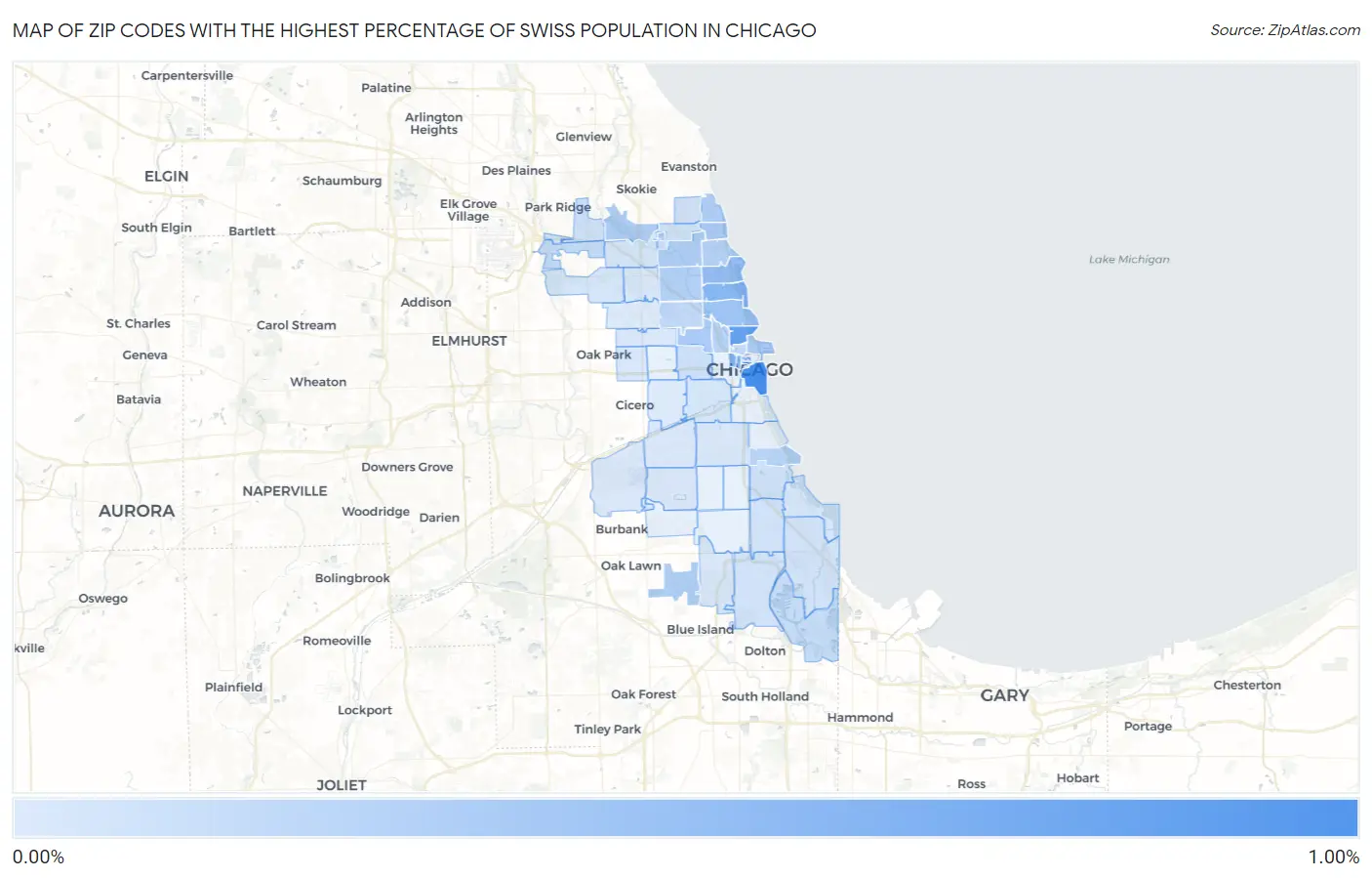 Zip Codes with the Highest Percentage of Swiss Population in Chicago Map