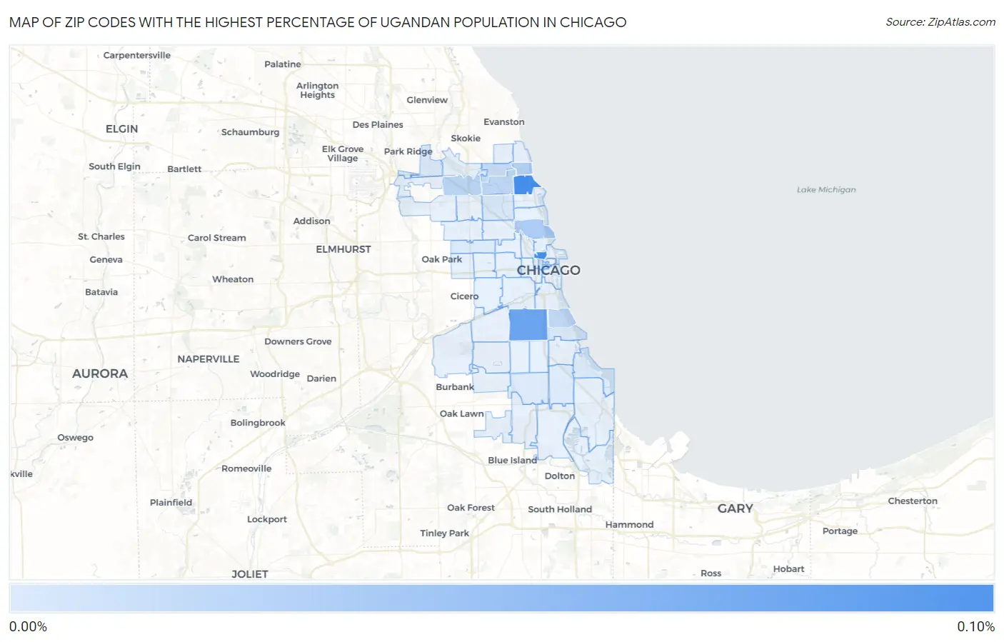 Zip Codes with the Highest Percentage of Ugandan Population in Chicago Map