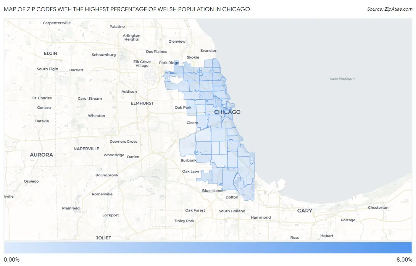 Zip Codes with the Highest Percentage of Welsh Population in Chicago Map