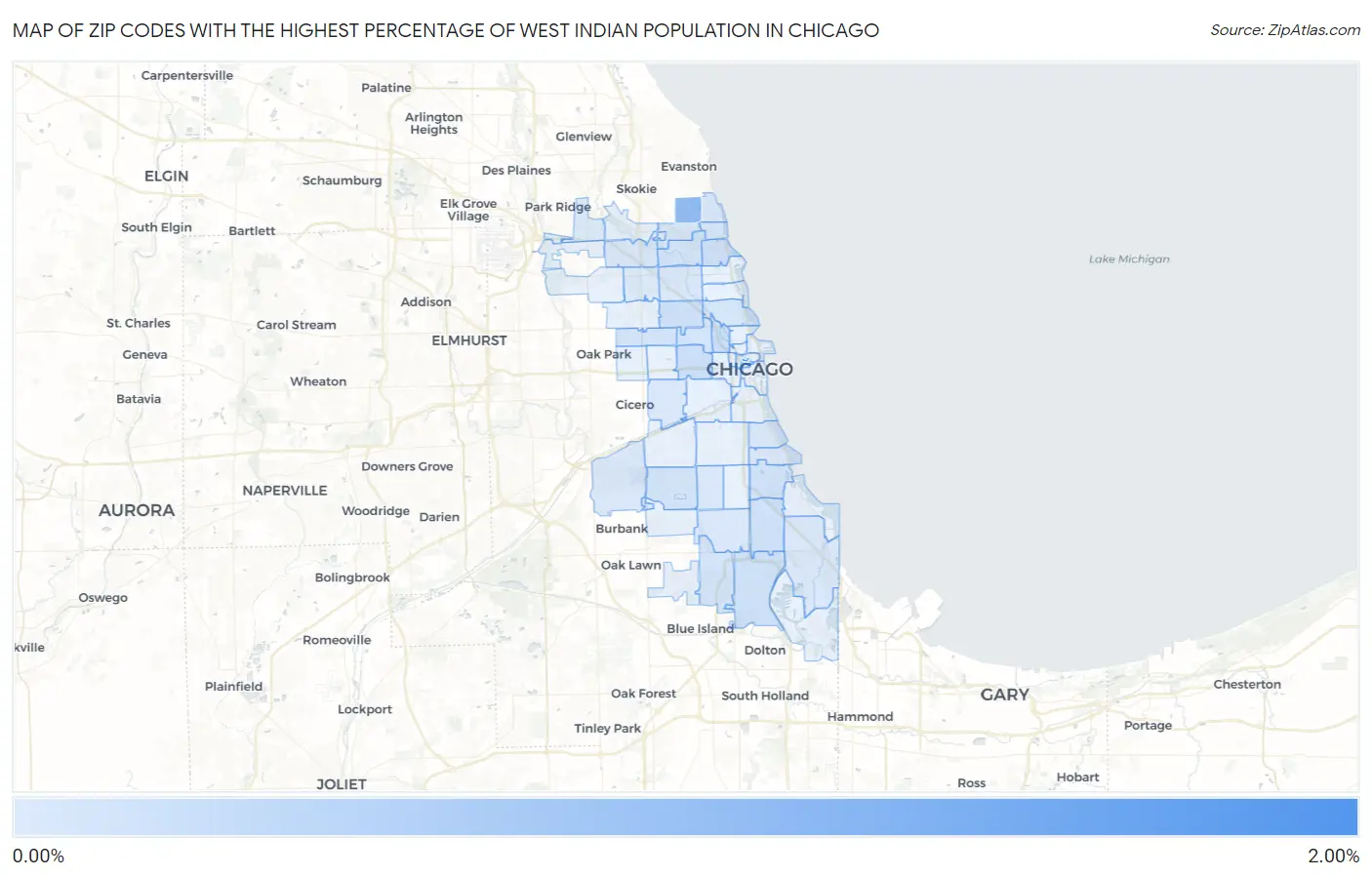 Zip Codes with the Highest Percentage of West Indian Population in Chicago Map