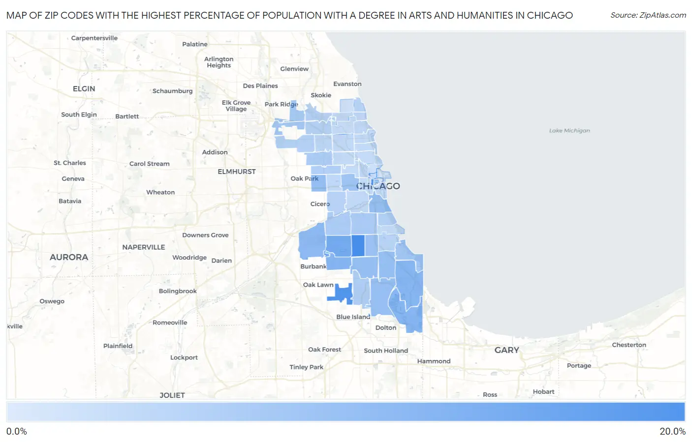 Zip Codes with the Highest Percentage of Population with a Degree in Arts and Humanities in Chicago Map