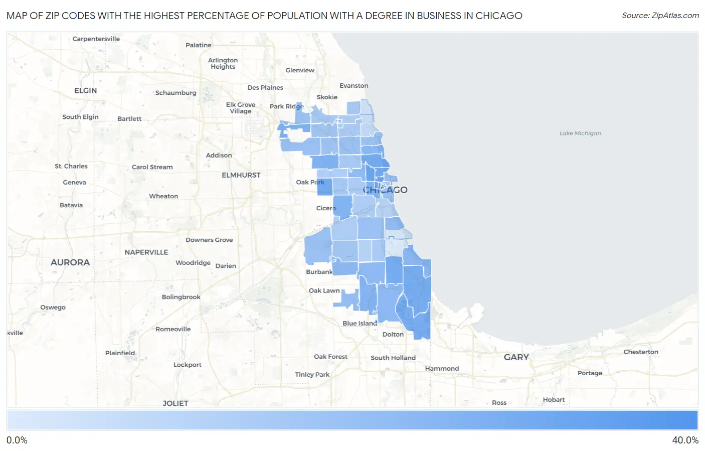 Zip Codes with the Highest Percentage of Population with a Degree in Business in Chicago Map