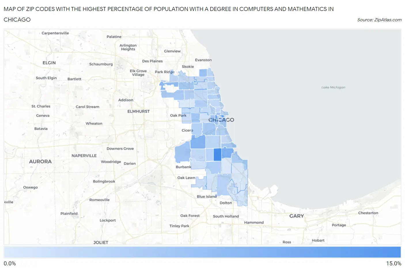 Zip Codes with the Highest Percentage of Population with a Degree in Computers and Mathematics in Chicago Map