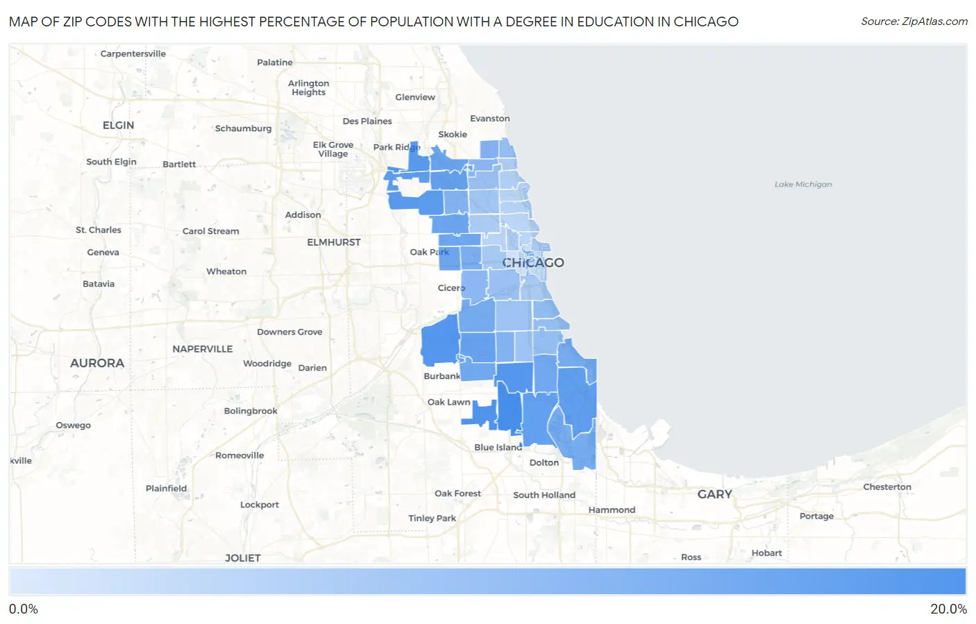 Zip Codes with the Highest Percentage of Population with a Degree in Education in Chicago Map